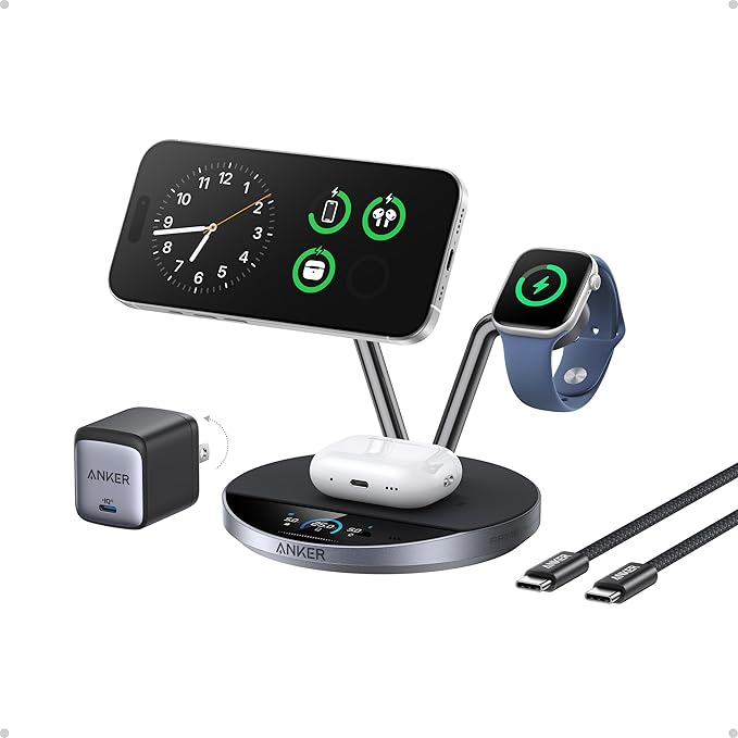 Anker Prime MagSafe Charger Compatible, 3-in-1 Charging Station, Qi2 25W Certified Wireless Charger Dock Stand, Smart Display with TEC Active Cooling, for iPhone 17, Apple Watch, AirPods, and More