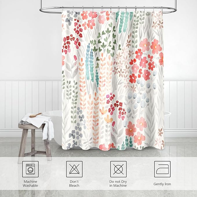 Small Stall Shower Curtain 36 x 72 Inch, Half Narrow Cute Floral Shower Curtain for Bathroom, Retro Red Teal Wildflower Boho Cottagecore Fabric Shower Curtain Set with Hooks