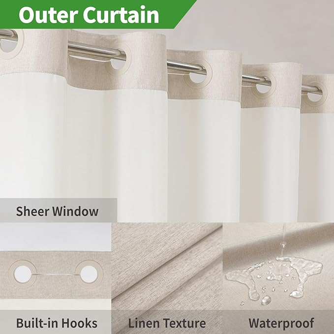 Stall No Hooks Needed Linen Textured Shower Curtain with Snap-in Fabric Liner Set,Hotel Luxury Decor Shower Curtains for Bathroom,Waterproof & Washable,48Wx74H,Cream
