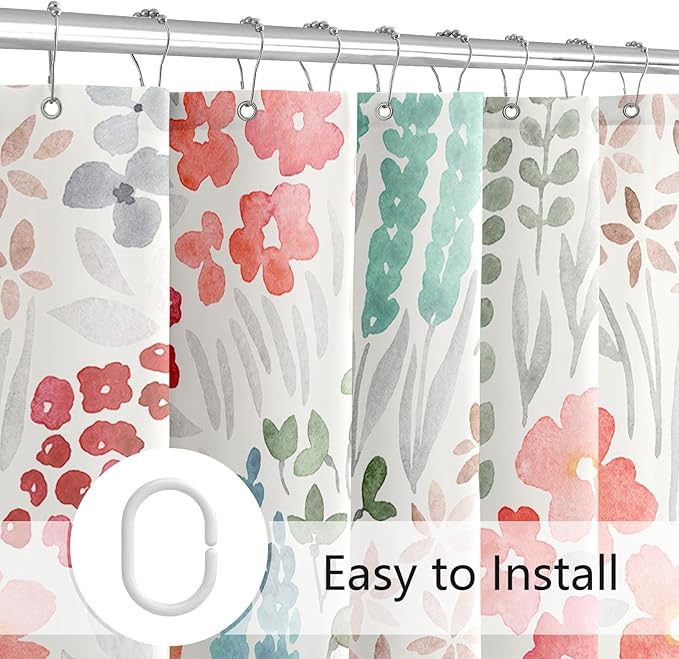 Extra Long Shower Curtain 72 x 96 Inch, Floor to Ceiling X-Long Tall Cute Floral Shower Curtain for Bathroom, Retro Red Teal Wildflower Boho Cottagecore Fabric Shower Curtain Set with Hooks