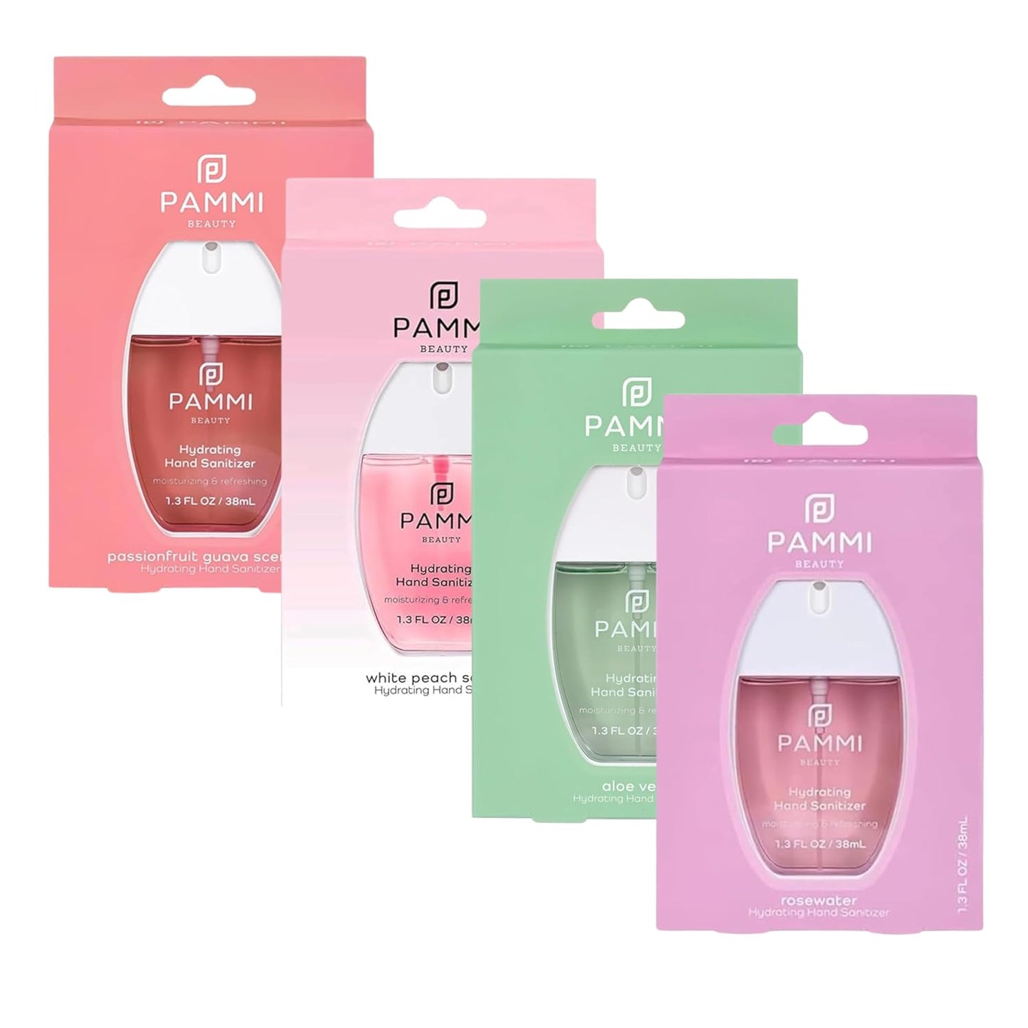PAMMI Power Mist Hydrating Hand Sanitizer Spray, Portable Travel Size Pocket Hand Sanitizer, Scented Handsanitizer Mini Spray For Car - 600 Sprays (4 Pack (Aloevera, Peach, Guava, Rose))