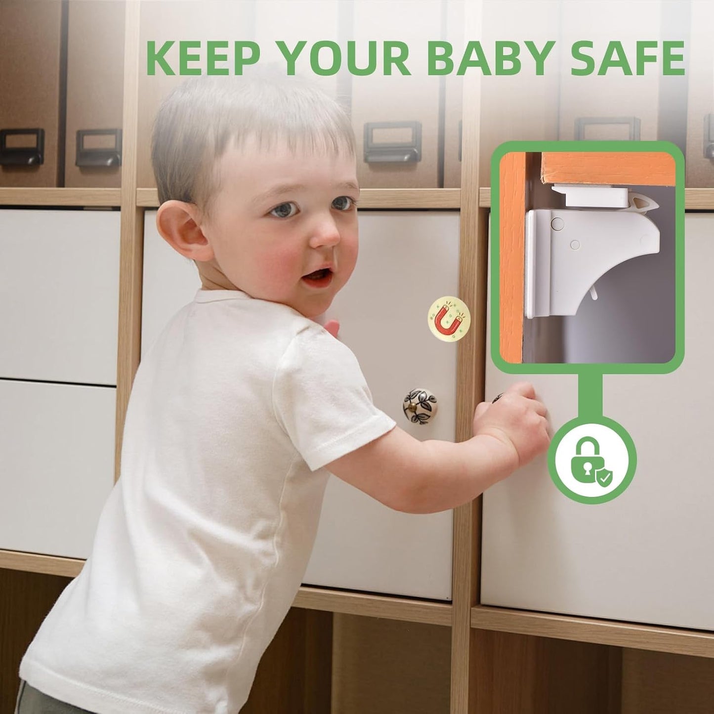 6 Pack Vkania Magnetic Cabinet Locks Baby Proofing - Baby Safety Latches for Drawers and Cabinets - Hidden Adhesive Magnet Baby Locks - Easy Installation No Drilling