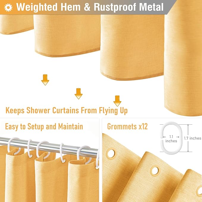 BTTN Extra Long Shower Curtain - 84 Inch Long Linen Textured Heavy Duty Fabric Shower Curtain Set with 12 Plastic Hooks, Hotel Spa Simple Polyester Bath Curtains for Bathroom, 72x 84, Gold