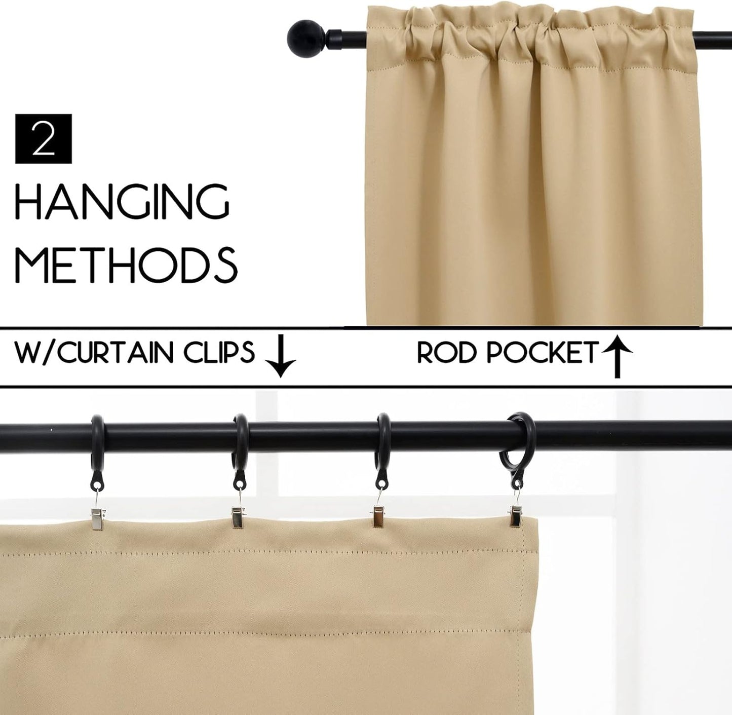 Pickluc Rod Pocket Tier Curtain - Half Blackout Curtain for Kitchen, Bathroom, Cabinet, Basement, 42 Inches Wide and 24 Inches Long, Beige, 2 Panels