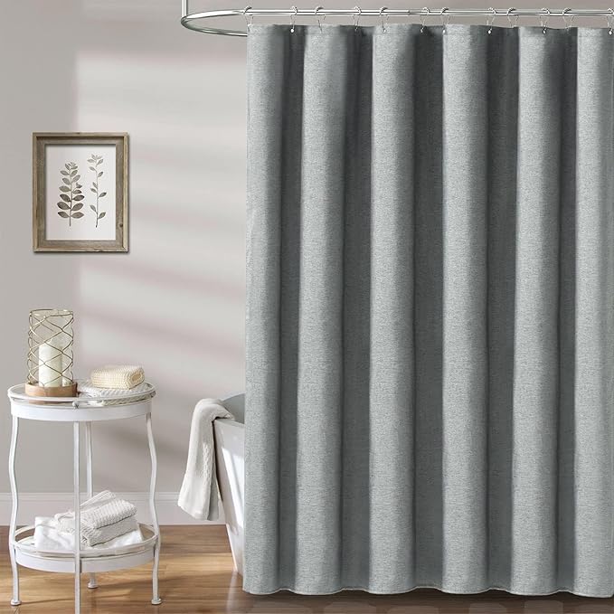 BTTN Stall Fabric Shower Curtain - 54x72 Inch Long Linen Textured Heavy Duty Cloth Shower Curtain Set with 10 Plastic Hooks, Hotel Spa Weighted Waterproof Neutral Bath Curtain for Bathroom - Gray/Grey