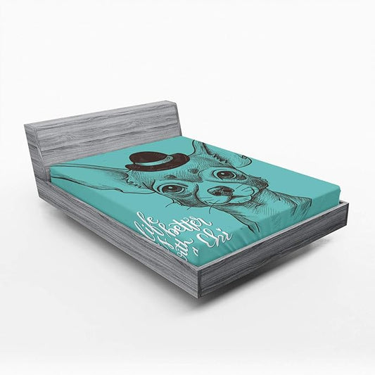Ambesonne Chihuahua 2 Pack Fitted Sheet, Life is Better with a Chi, Bed Cover All-Round Elastic Deep Pockets 2 Pieces, Package Contains 2 Full Size Fitted Sheets, Seafoam Taupe and White