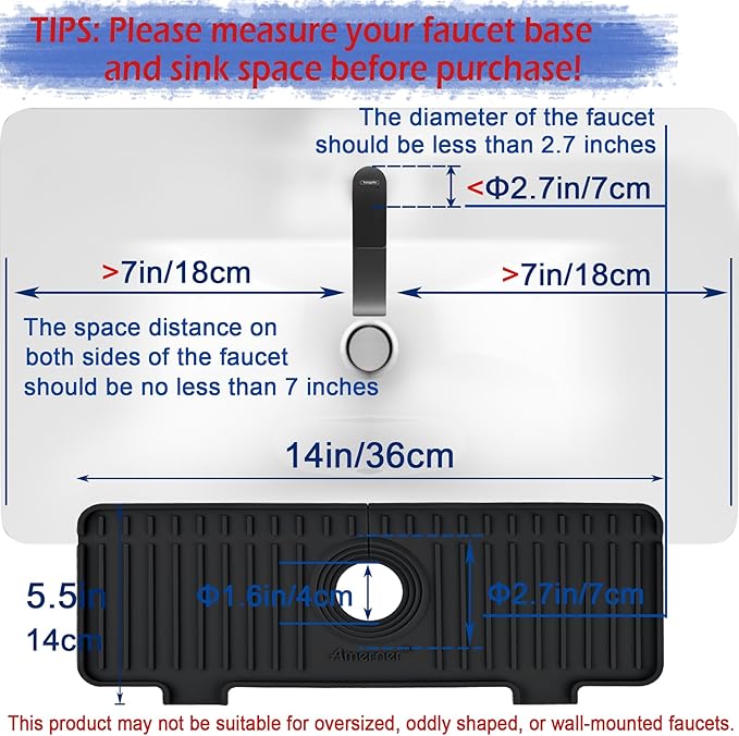 Kitchen Sink Splash Guard, 10° Large Slope & Adaptable Hole Faucet Mat for Kitchen Sink, Silicone Sink Organizer Sponge Holder for Kitchen, Bathroom, RV, Bar, 14.2” x 5.1”, Black