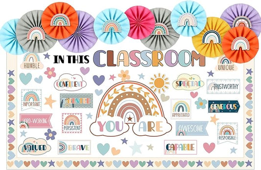 Janlaugh 94 Pcs in This Classroom Bulletin Board Decorations with Paper Fans Boho Classroom Decor Rainbow Motivational Words Cutouts Positive Back to School Bulletin Board Set for Wall Window Office