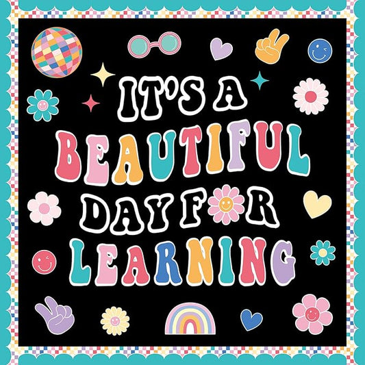Hippie Boho Classroom Bulletin Board Decorations Groovy Retro Back to School Bulletin Set It's a Beautiful Day for Learning Classroom Decoration Colorful Cutout for Teacher Kindergarten Preschool Wall