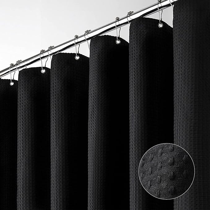 Dynamene Stall Fabric Shower Curtain - 54x78 inch Long Waffle Weave Weighted Thick Cloth Shower Curtains for Bathroom,Neutral Heavy Duty Hotel Spa Luxury Bath Curtain Set with 10 Plastic Hooks,Black