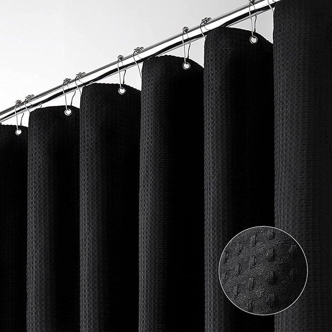 Dynamene Extra Wide Shower Curtain-108 Inch Wide Waffle Weave Weighted Thick Cloth Bathroom Shower Curtain, Neutral Heavy Duty Hotel Bath Curtain Set with 18 Plastic Hooks,108x72,Black