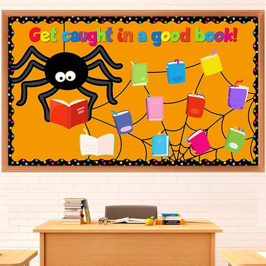 Pasimy Halloween Reading Bulletin Board Decorations Book Classroom Decor Library Bulletin Board Set Spider Paper Cutouts Border for Halloween Fall Holiday Office Home Wall Door Craft Supplies