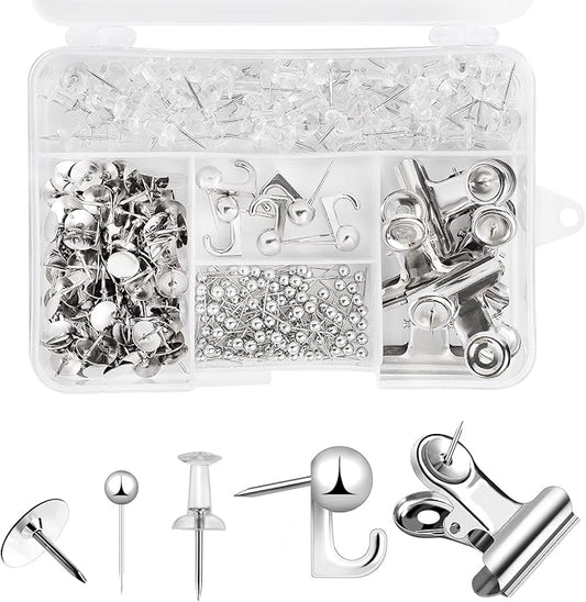 310 Pcs Silver Push Pins Set, Thumb Tacks Decorative Push Pins for Cork Board with Push Pin Hook Pushpin Clip 5 Style Office Accessories for Cork Board Map Office (Silver)