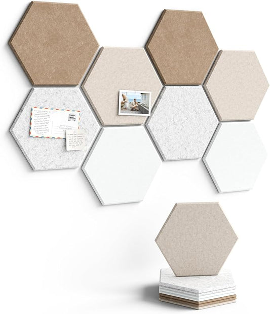 Fluxynara Hexagon Cork Board Alternative for Walls Decor-8-Pack Felt Bulletin Board Tiles,with 30 Pushpins,50 Adhesive Tabs for Office,Classrooms & Home Pin Board Felt Board-Stone Beige