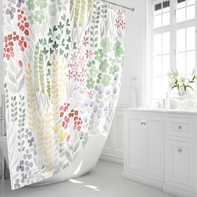 Small Stall Shower Curtain 36 x 72 Inch, Half Narrow Cute Floral Shower Curtain for Bathroom, Sage Green Wildflower Boho Cottagecore Fabric Shower Curtain Set with Hooks