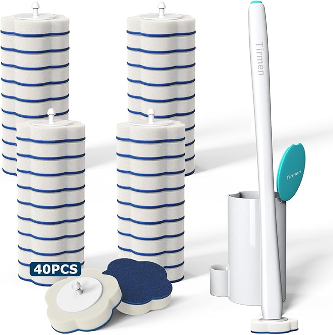 Disposable Toilet Brush: Toilet Bowl Brush and Holder Set with 40 Wand Refills, Upgraded Handle, 2X Cleaners, Toilet Cleaning System with Storage Caddy for Sink, Bathtub, Floor, Drain (Green)