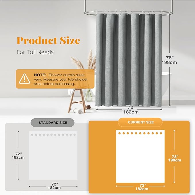 BTTN Long Grey Fabric Shower Curtain, 230GSM Linen Textured Heavy Duty Cloth Shower Curtain Set with Hooks, Waterproof Neutral Weighted Luxury Decorative Shower Curtains for Bathroom(Gray, W72xH78)