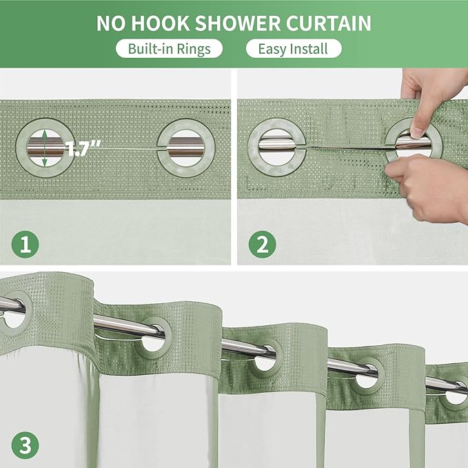 No Hook Waffle Weave Shower Curtain with Snap-in Fabric Liner Set,Sage Green Shower Curtains for Bathroom with See Through Top Window,Water Repellent & Washable,71Wx74H