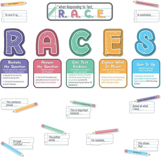 Carson Dellosa 37-Piece Races Writing Process Bulletin Board Decorations Set, Pencil Cutouts, Sentence Strips, and Strategy Charts, ELA Classroom Decor and Teacher Supplies