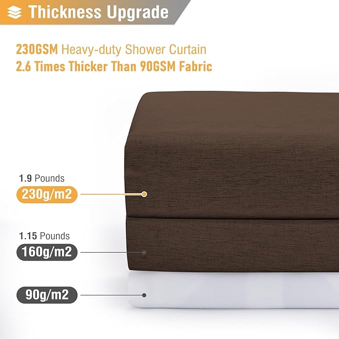 BTTN Fabric Shower Curtain, Linen Textured Heavy Duty Polyester Cloth Shower Curtain Set with Plastic Hooks, Brown, 54x78