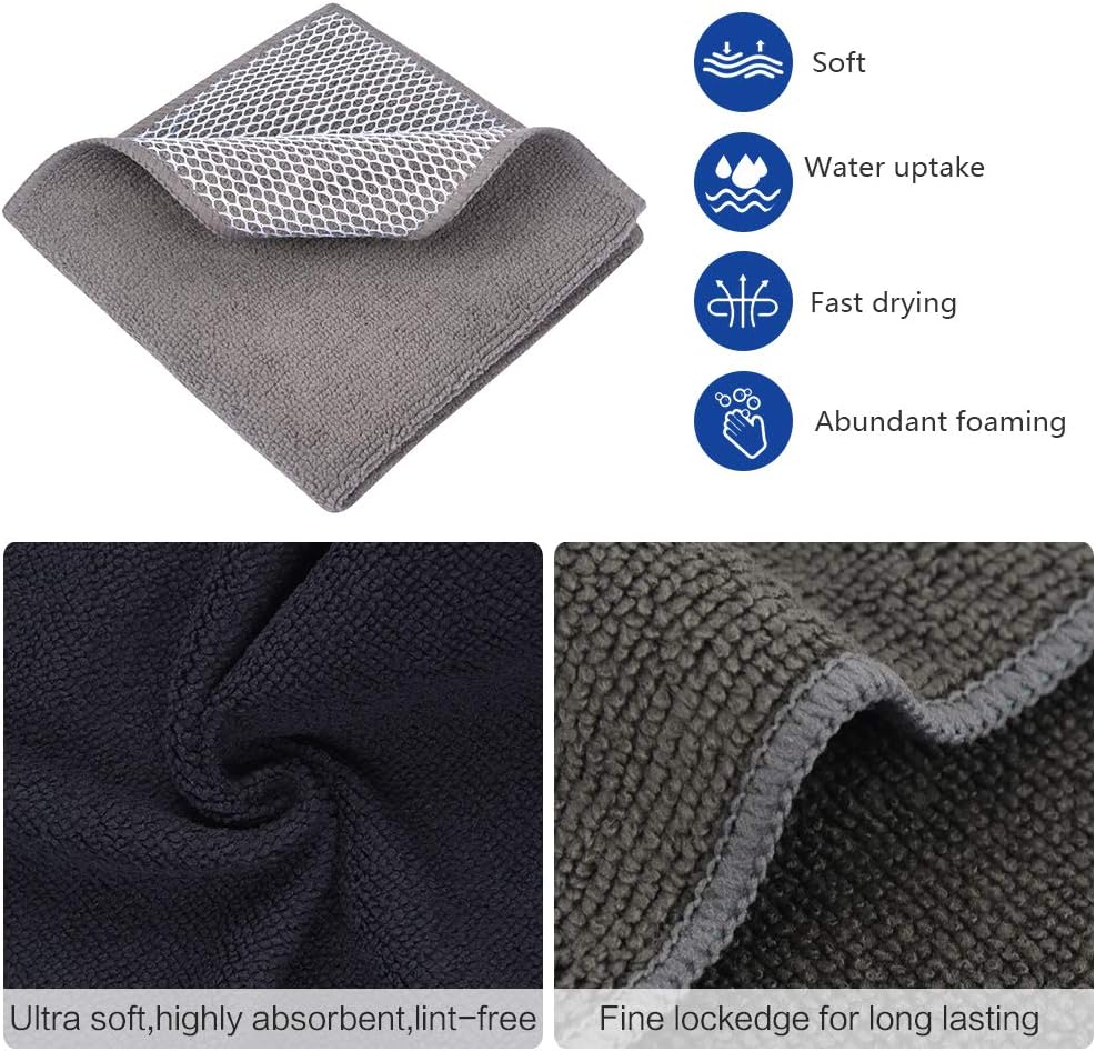 SINLAND Microfiber Dish Cloth for Wshing Dishes Dish Washing Rags Best Kitchen Washcloth Cleaning Cloths Poly Scour Side 12inchx12inch 5 Color Assorted 10 Pack