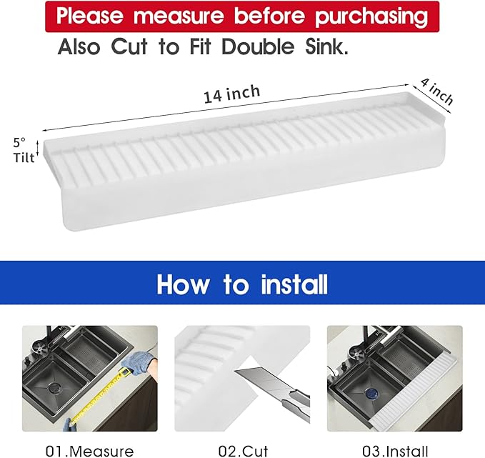 14"x4" Silicone Sink Edge Protector - Splash Guard with Suction Cups & 5° Tilt, Cuttable Edge Guard for Kitchen Sink, Bathroom,Granite & Quartz Countertops(White)