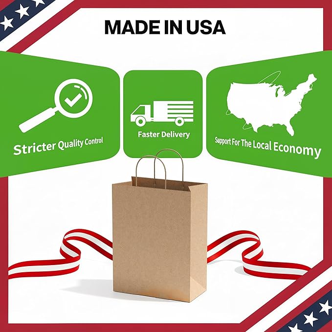 Simple Deluxe 100 Pack Kraft Paper Bags with Handles 10x5x13 - Made in USA -15 Lb Max Load - 100% Recycled Natural Brown Shopping Bags for Retail, Gifts & Merchandise (Premium 90GSM)