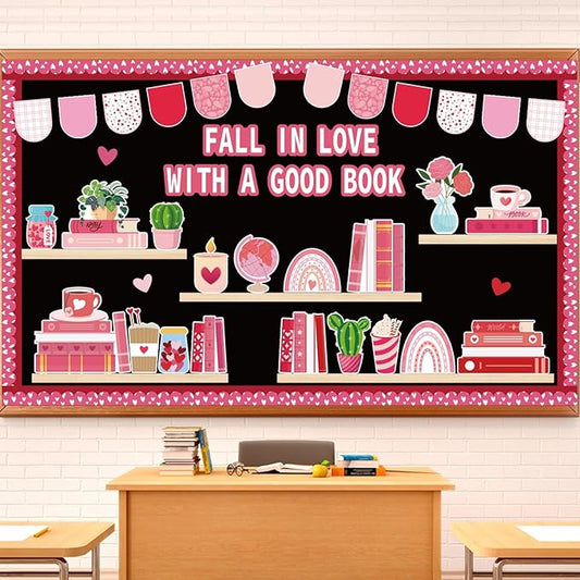 Valentine's Day Reading Bulletin Board Decorations Set, Bookshelf Cutouts with Heart Bulletin Board Borders Valentines Library Classroom Decorations Chalkboard Wall Door Decor for Home Office 70Pcs