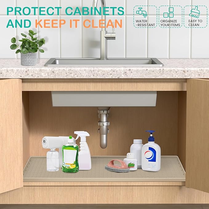 Waterproof Under Sink Mat 34" x 22", Silicone Cabinet Liner, Rubber Protector for Kitchen and Bathroom, Keeps Cabinets Clean, Dry, and Organized (Beige)