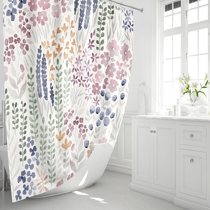 Cute Floral Shower Curtain 60x72, Mauve Boho Flower Fabric Shower Curtain, Funky Watercolor Wildflower Shower Curtain Set, Cottagecore Bohemian Bathroom Decor