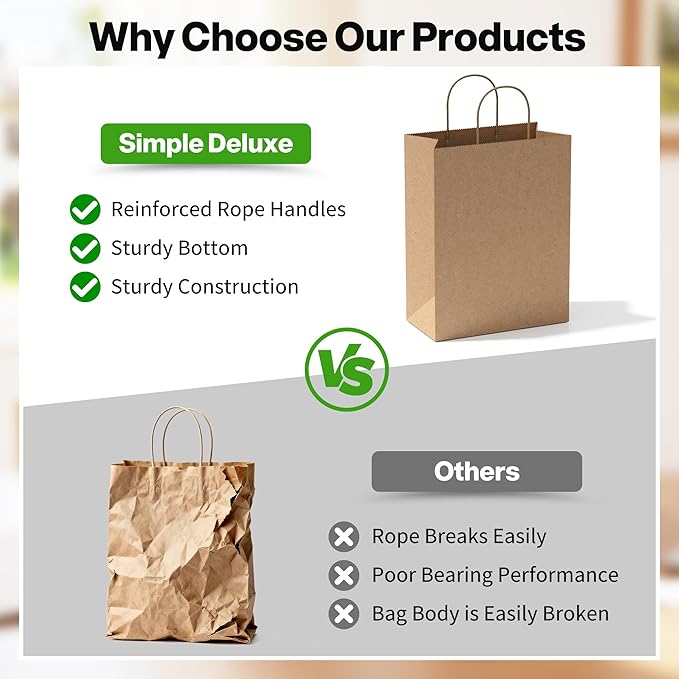 Simple Deluxe Value Pack of 150 Kraft Paper Bags with Handles (10x5x13 Inch) - Made in USA from 90GSM 100% Recycled Paper for Retail, Bulk Savings for Retail, Stores & Gift Packaging