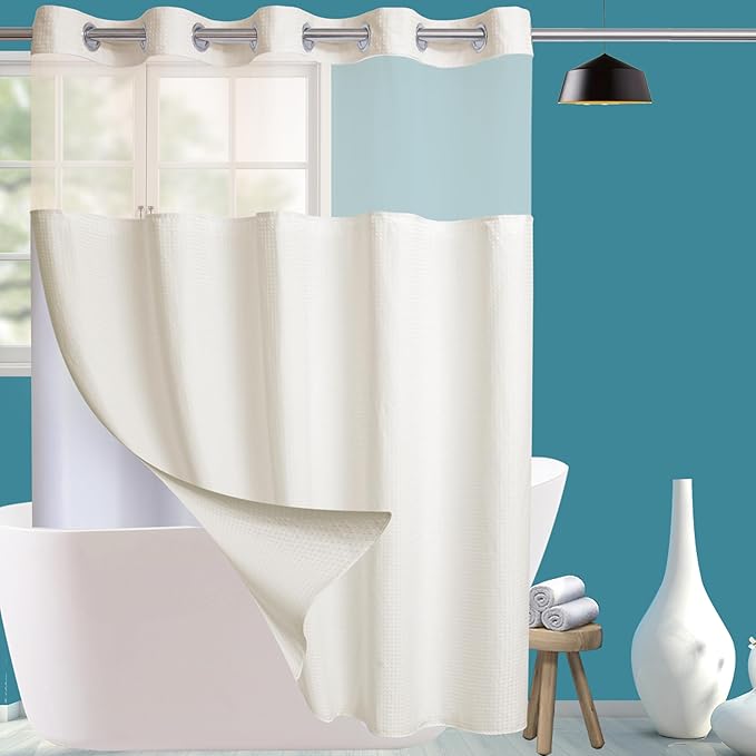 Conbo Mio Stall No Hook Waffle Weave Shower Curtain with Snap in Liner Set, Hotel Luxury Beige Shower Curtains for Bathroom with See Through Top Window, Waterproof, Washable 54W x 74H