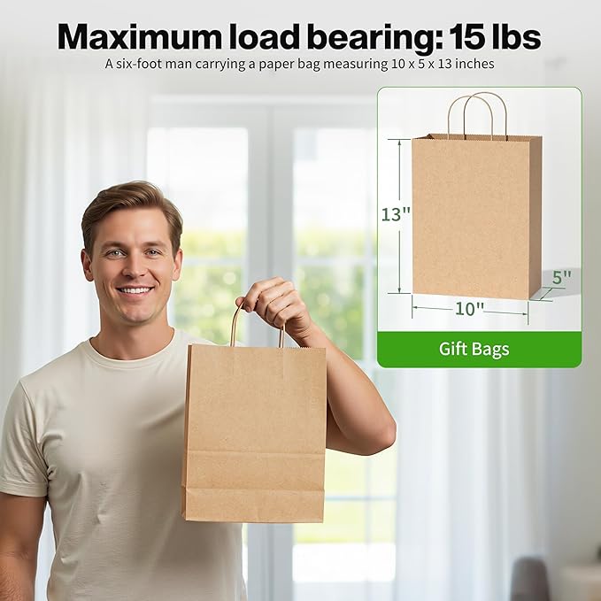 Simple Deluxe Value Pack of 150 Kraft Paper Bags with Handles (10x5x13 Inch) - Made in USA from 90GSM 100% Recycled Paper for Retail, Bulk Savings for Retail, Stores & Gift Packaging