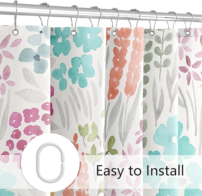 Teal Blue Cute Floral Shower Curtain, Colorful Boho Flower Fabric Shower Curtain, Funky Watercolor Wildflower Shower Curtain Set, Cottagecore Bohemian Bathroom Decor, 72x72