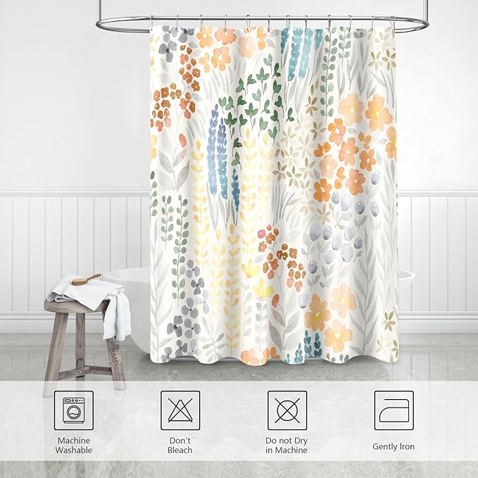 Extra Long Shower Curtain 72 x 96 Inch, Floor to Ceiling X-Long Tall Cute Floral Shower Curtain for Bathroom, Orange Wildflower Boho Cottagecore Fabric Shower Curtain Set with Hooks