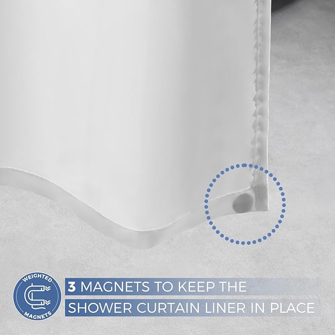downluxe Waterproof Fabric Shower Curtain Liner, Soft Cloth Shower Liner with 3 Magnets, Machine Washable & Hotel Quality Bathroom Curtain, 72" W x 84" L, White