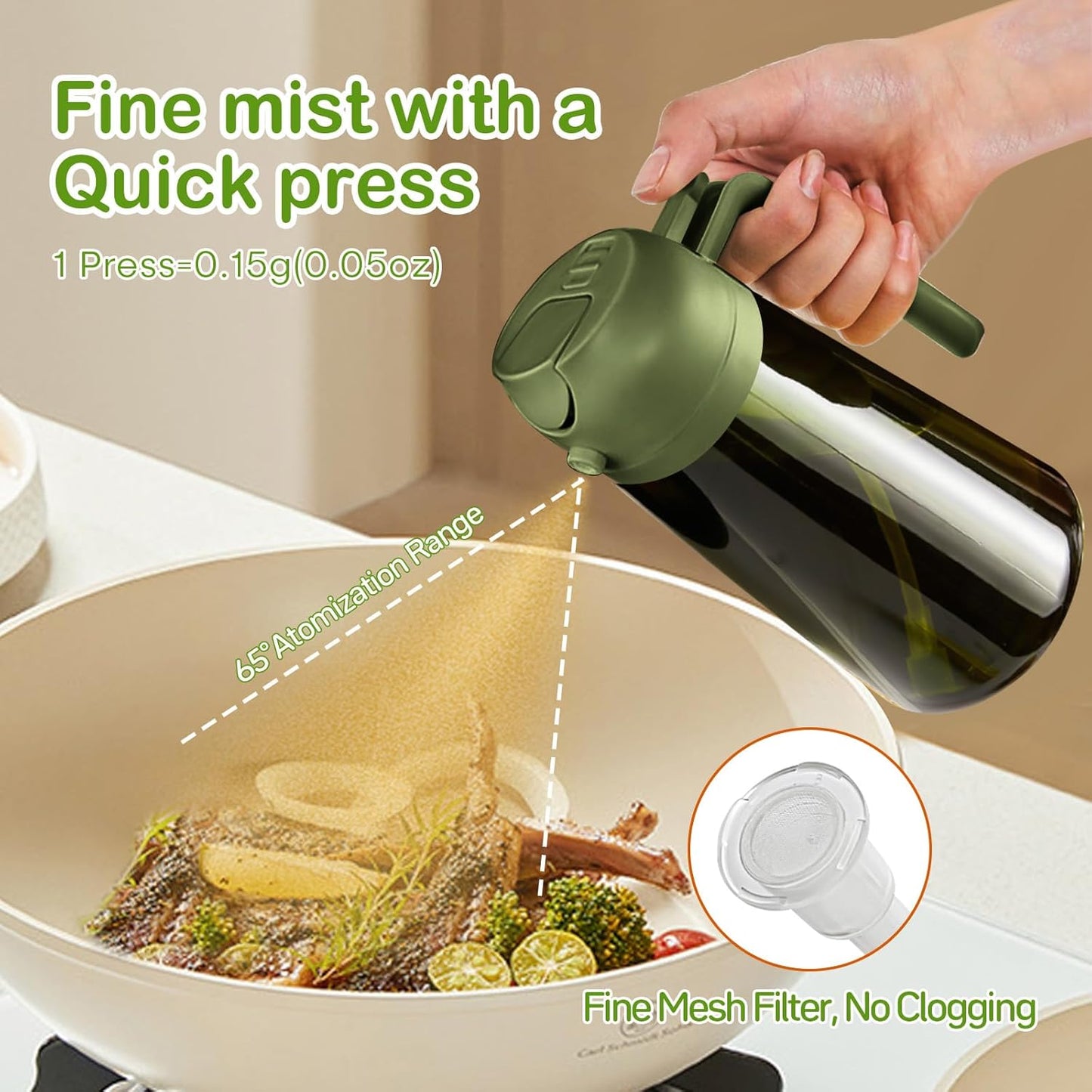 YARRAMATE 16oz/470ml Dark Green Oil Sprayer for Cooking with Stickers, Food-grade Premium 2 in 1 Olive Oil Dispenser Bottle for Kitchen Gadgets, Air Fryer, Salad, Frying, BBQ (OliveGreen)