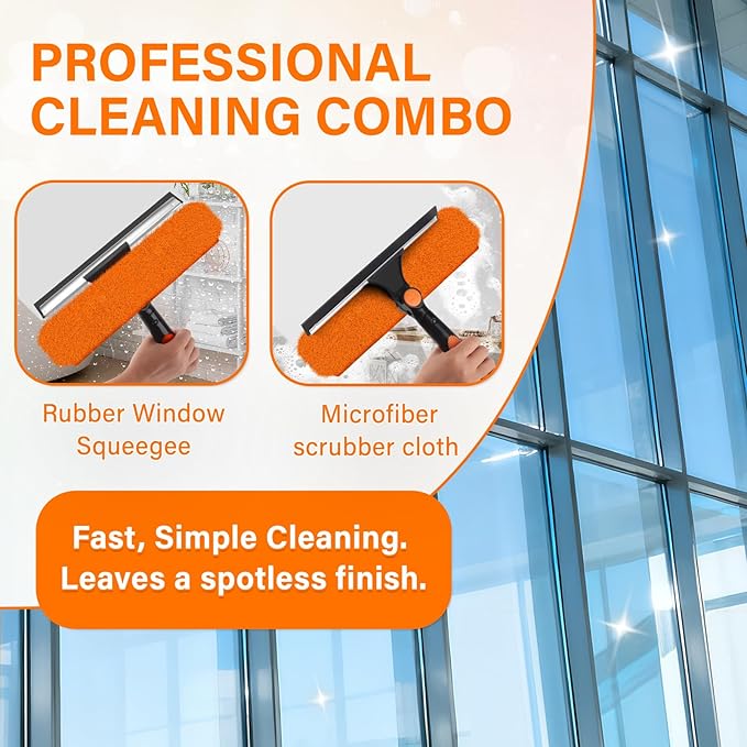 30FT Telescoping Window Squeegee Kit | 2-in-1 Professional Window Washer & Microfiber Scrubber with Extension Pole | High Reach Cleaning Tool for Outdoor, Indoor Windows & Glass