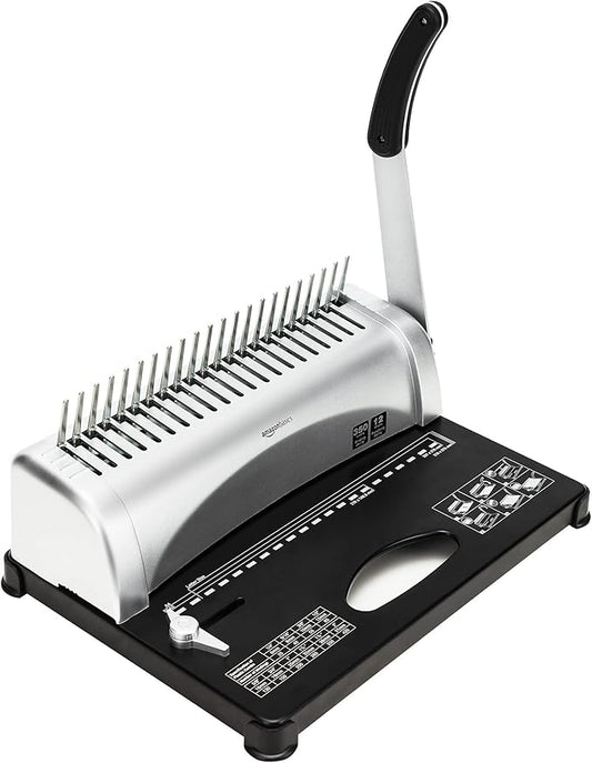Amazon Basics Comb Binding Machine, 350 Sheets Capacity, for paper sizes A5(15 holes)/Letter(19 holes)/A4(21 holes) with Adjustable Margin, Grey