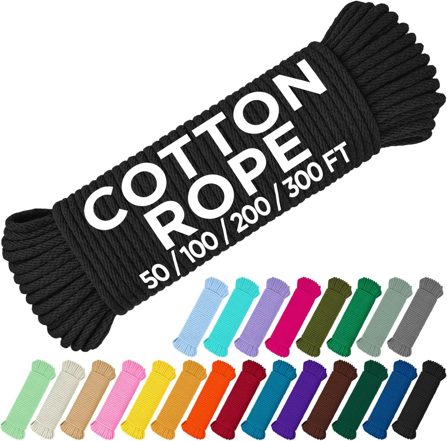 TECEUM Cotton Rope 3/16” (5 mm) – 200 FT – Strong All-Purpose Braided Rope – Natural Cotton – for Crafting, Сamping, Clothes Line, DIY, Indoor & Outdoor Use – Black