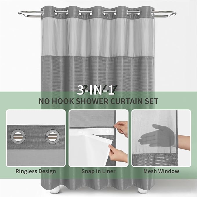Stall No Hook Shower Curtain with Snap-in Fabric Liner Set,Waffle Weave Shower Curtains for Bathroom,Hotel Luxury Decor Bathroom Curtain Set,Waterproof & Washable,Grey,36Wx74H