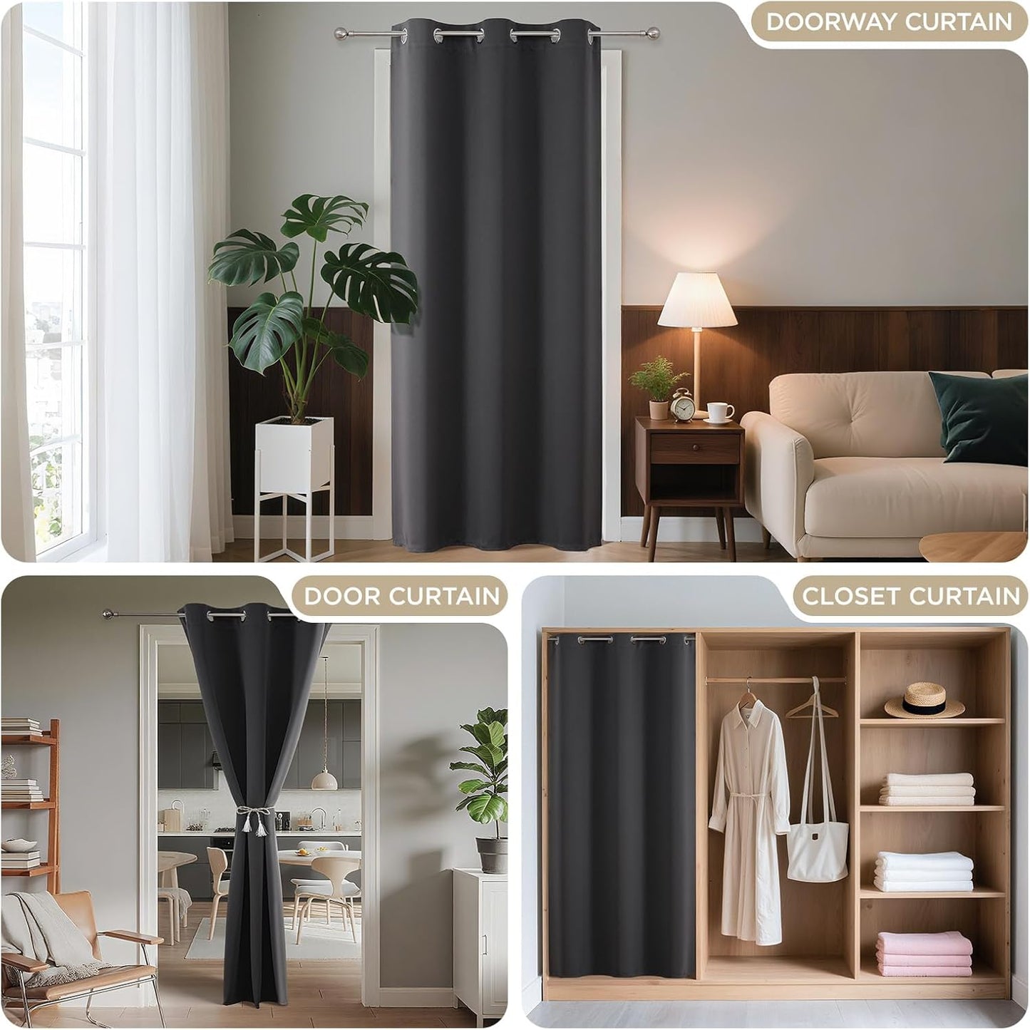 Joydeco Blackout Door Curtain for Doorway Privacy 90 Inches Long, Grommet Closet Curtain for Open Closet, Room Divider for Bedroom Living Room (Grey, 52Wx90L, 1 Panel)