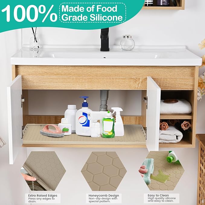 Waterproof Under Sink Mat 22" x 19", Silicone Cabinet Liner, Rubber Protector for Kitchen and Bathroom, Keeps Cabinets Clean, Dry, and Organized (Beige)