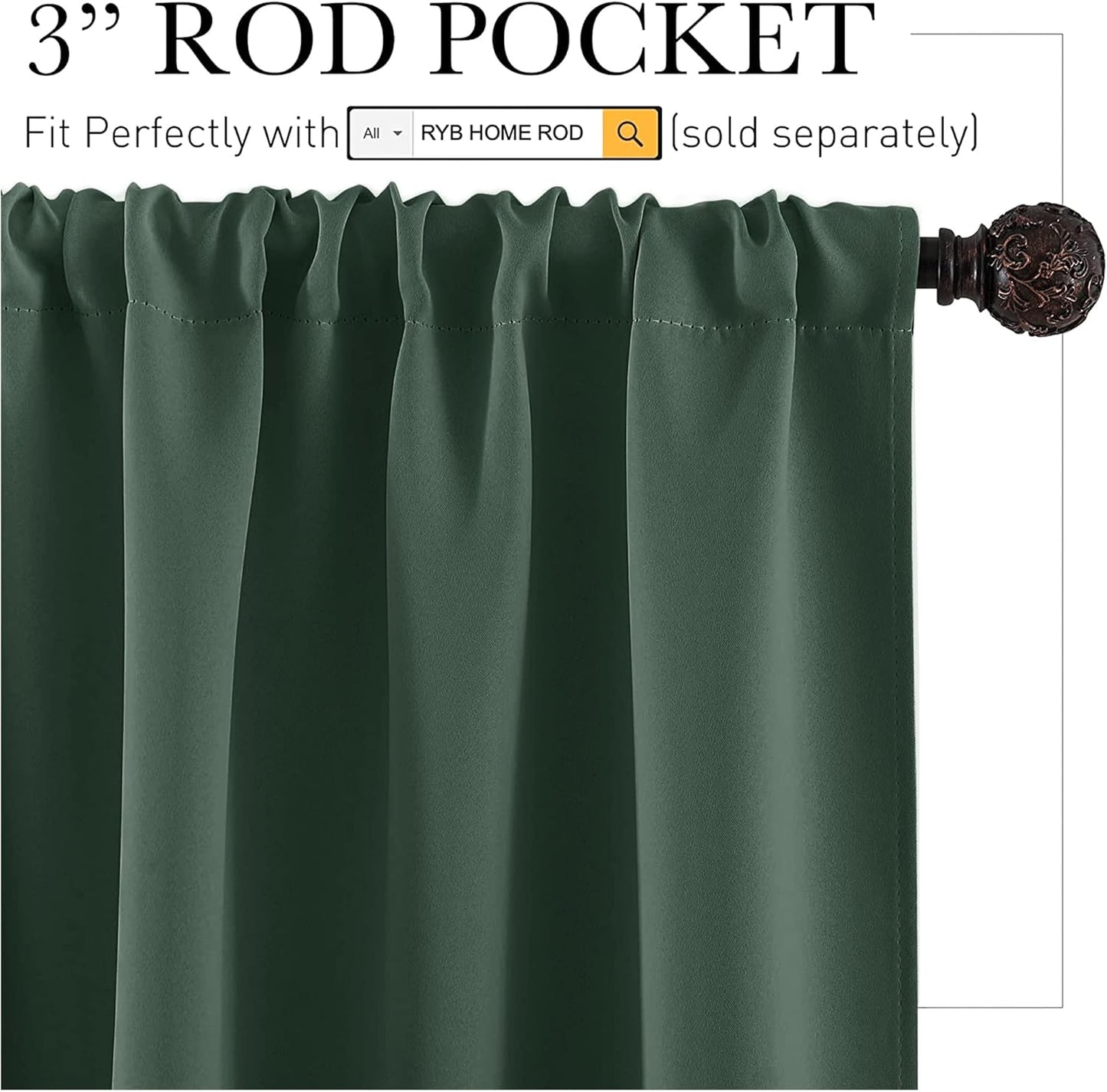RYB HOME Living Room Curtains 63 inch Length 2 Panels Set, Thermal Insulated Privacy Window Drapes Rod Pocket Design All Lights Blocking for Bedroom Studio, W 42 x L 63 inch, Dark Green