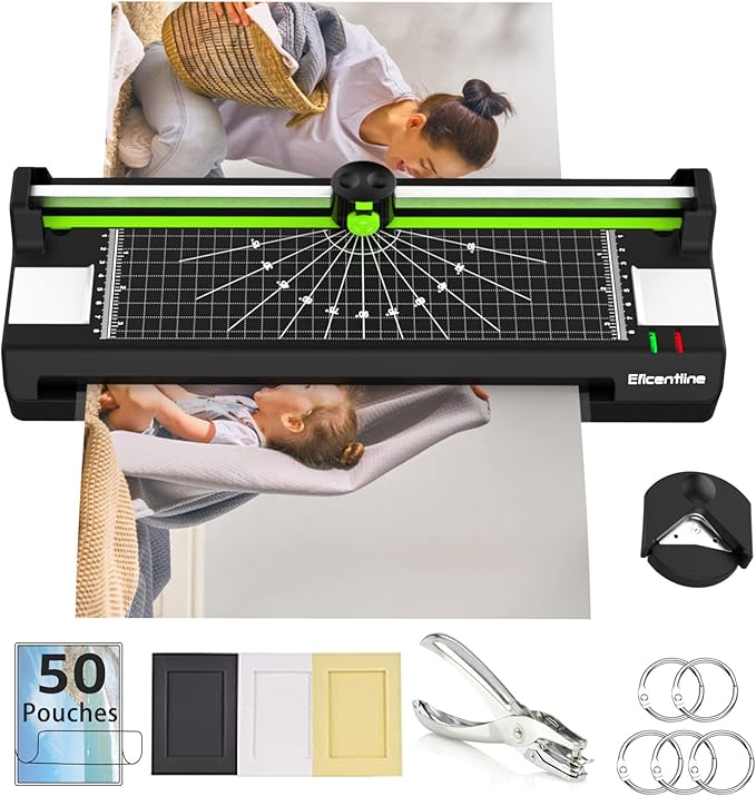 Laminator Machine for A3/A4/A6, Thermal Laminating Machine for Home Office School Use with 50 Pouches, Paper Trimmer and Corner Rounder (Green)
