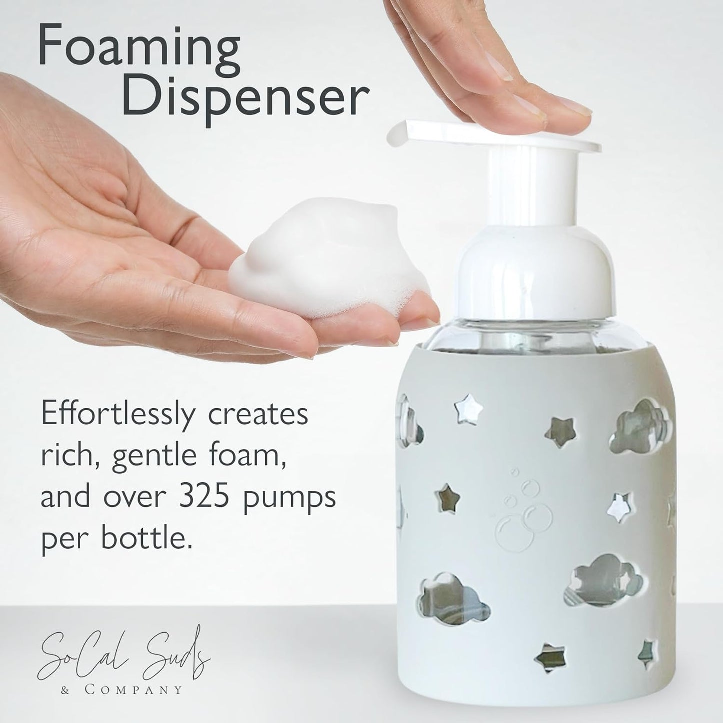 SoCal Suds & Company Glass Foaming Hand Soap Dispenser, Soft Grip Silicone Sleeve, Refillable Pump Bottle for Kids, Baby Wash & Shampoo, Ideal for Home Use, Light Grey 8oz