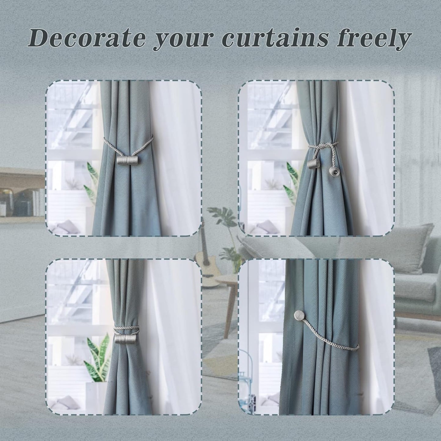 Hion Magnetic Curtain Tiebacks Grey 6 Pack, Curtain Tiebacks Buckles Holdbacks Holders Hooks Clip for Home Bedroom Office Decorative Thick or Thin Curtain