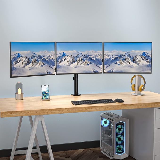 WALI Triple Monitor Mount, 3 Monitor Desk Mount for 13-27 inch Computer Screens, Holds up to 22 lbs, Triple Monitors Stand for Desk, with Tilt, Swivel, Rotation, VESA 75/100mm (M003S), Black