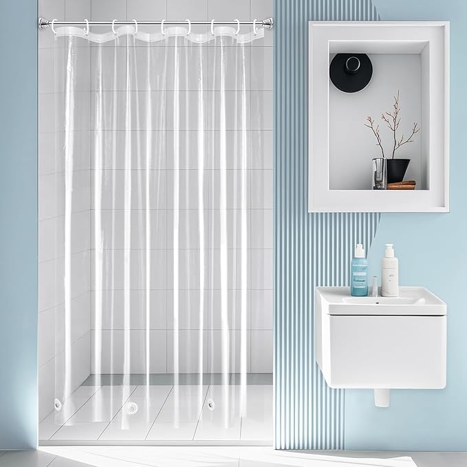 EurCross Stall Clear Shower Curtain Liner with Hooks and 5 Magnet Weights, Heavy Duty Waterproof Premium 9G PEVA Transparent Plastic Stall Shower Curtain 54 x72 inch, 9 Metal Grommets