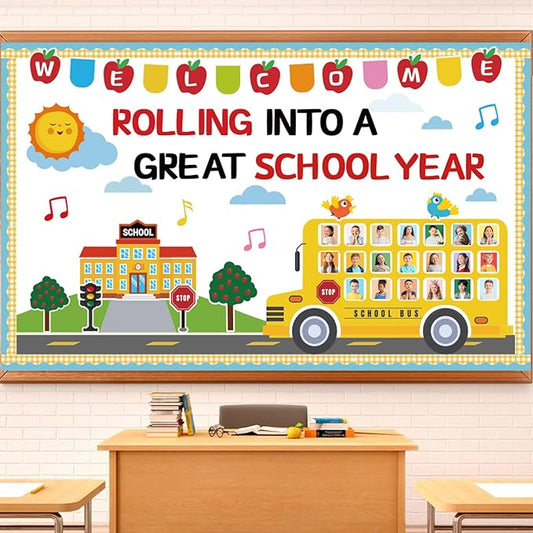 65Pcs Welcome Back to School Bulletin Board Decorations Set, School Bus Cutouts Name Tags with Yellow Border Trims Home Office School Classroom Decorations for Window Wall Door Chalkboard